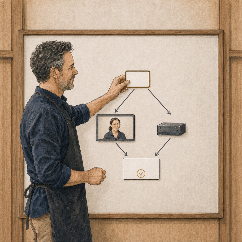 A small-business owner assigning one workflow card between a remote human assistant and a managed automated process