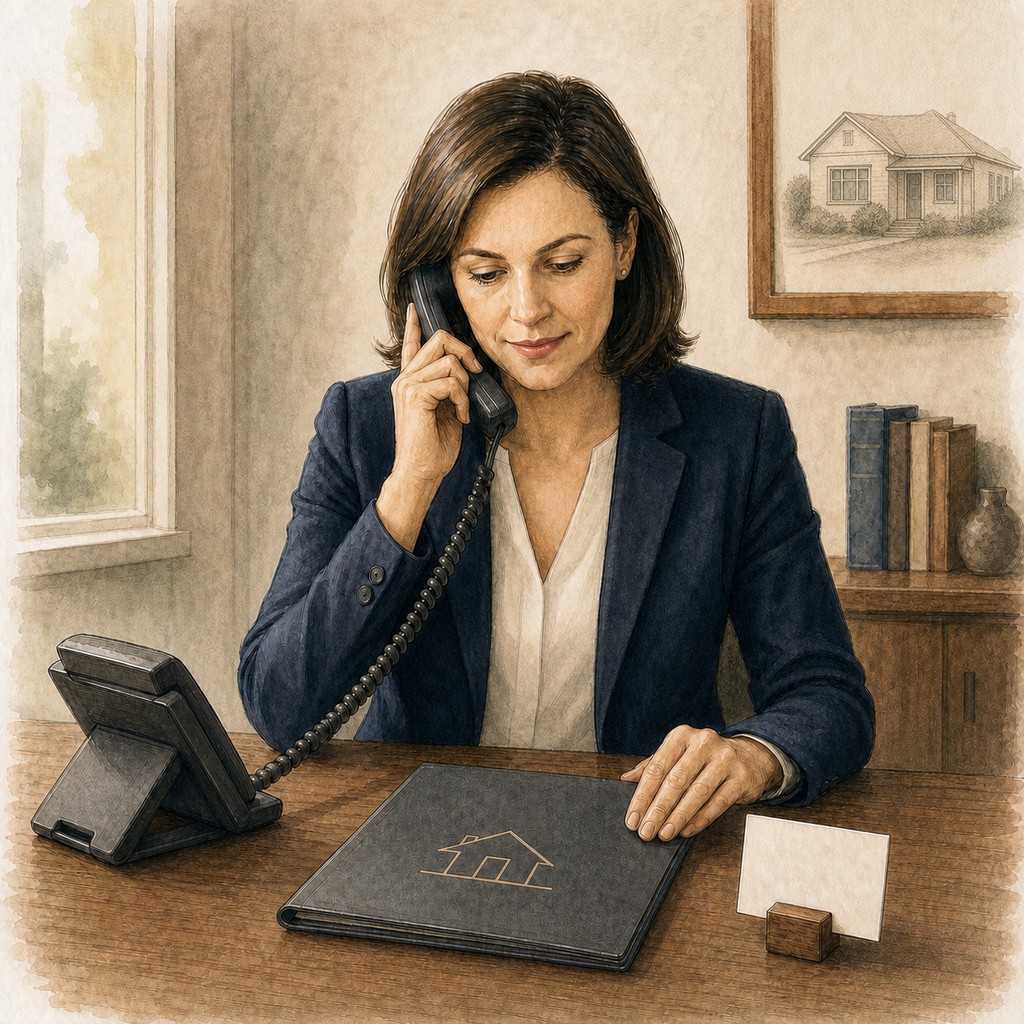 A conveyancer handling a phone call beside a property file and framed house sketch