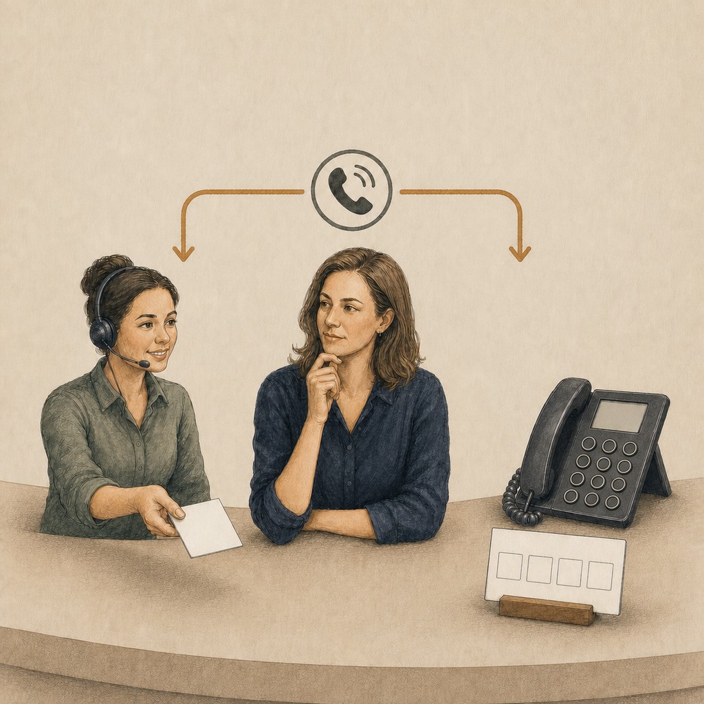 A small-business owner comparing a live receptionist call path with a managed AI booking and handover path
