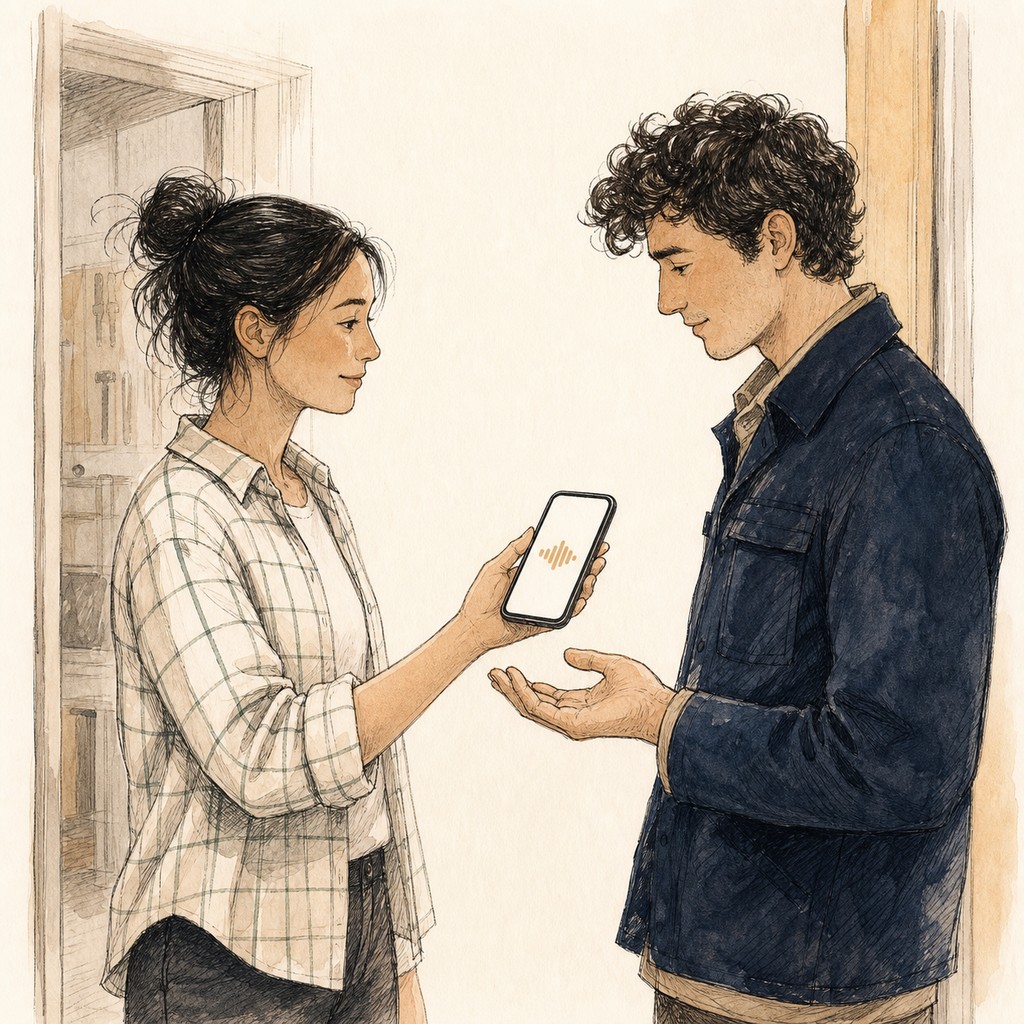 Two small-business colleagues openly handing an AI-assisted phone call from the system to a person
