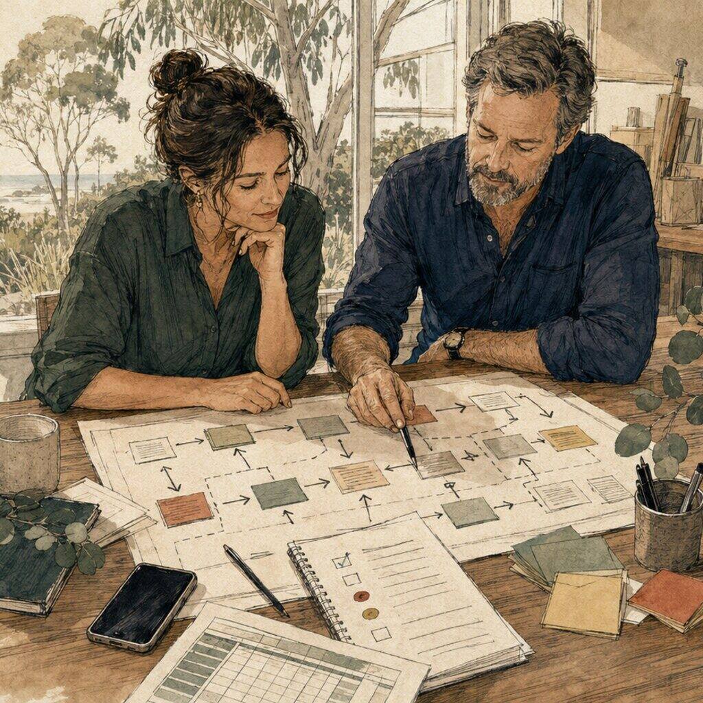 An AI consultant and Australian small-business owner reviewing a practical workflow map together