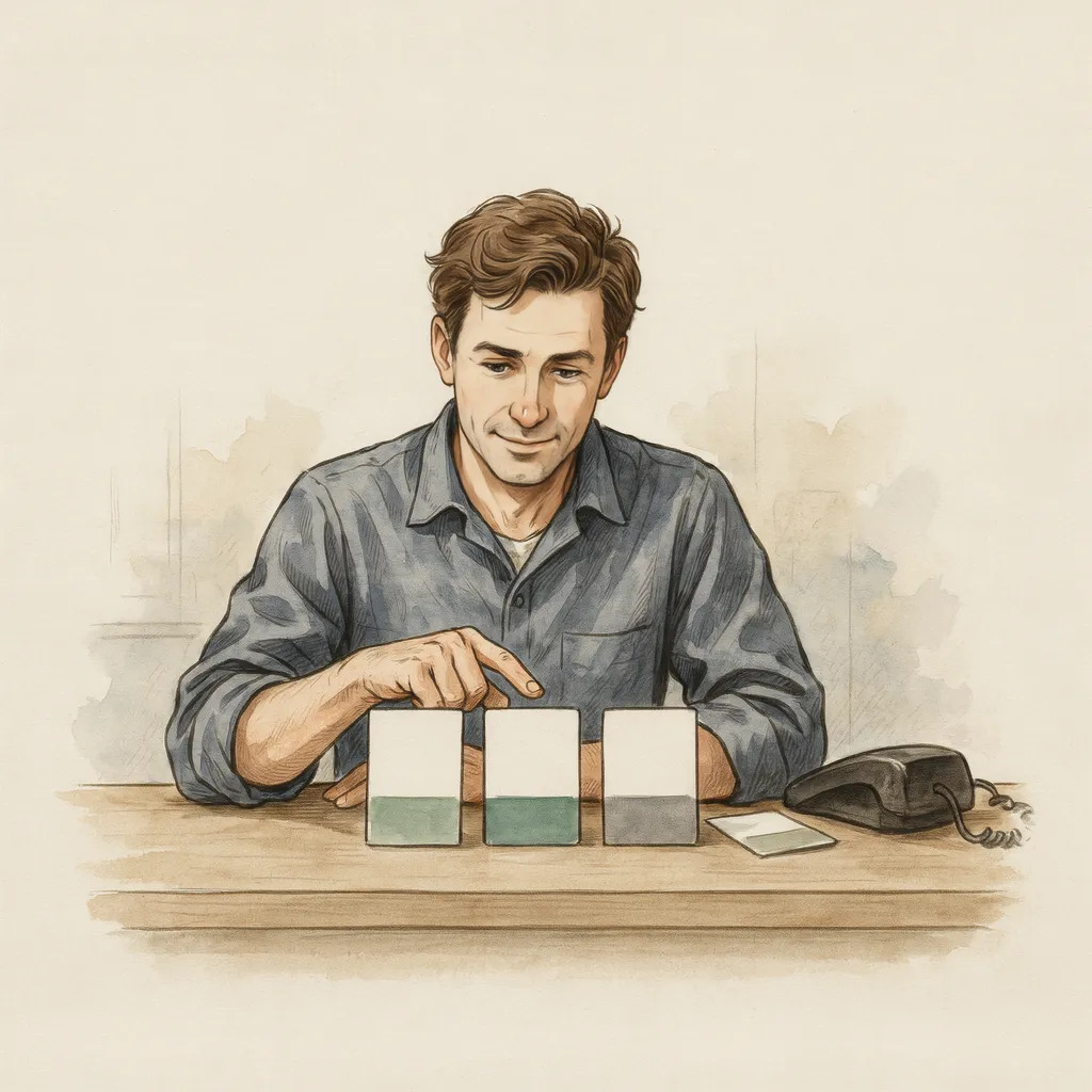 Small-business owner comparing three blank AI receptionist plan cards beside a desk phone