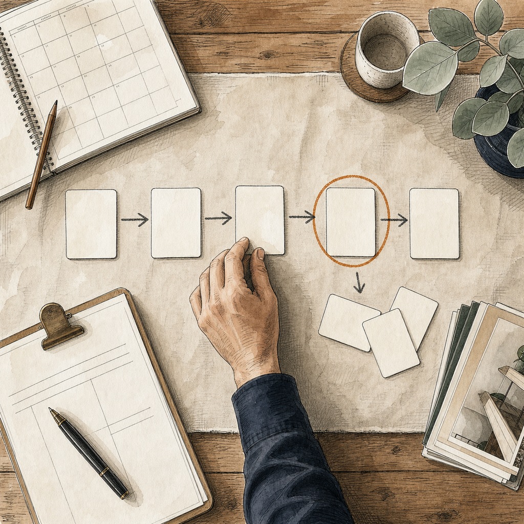 A hand arranging workflow cards to identify and improve a business process