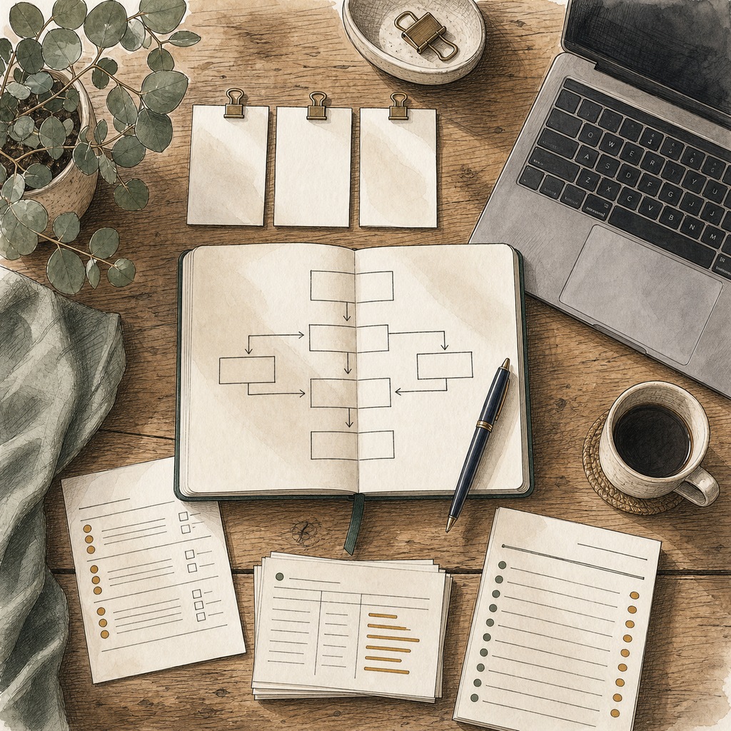 A notebook with a workflow diagram, article cards, and laptop on an editorial desk