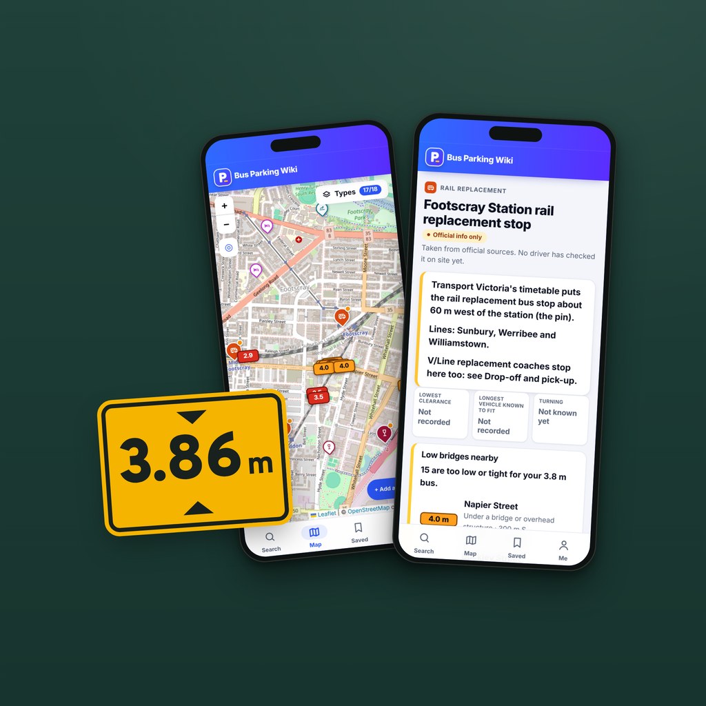Two phones showing Bus Parking Wiki: a map of Footscray with low bridge heights marked, and the card for the Footscray Station rail replacement stop, beside a yellow 3.86 m clearance sign