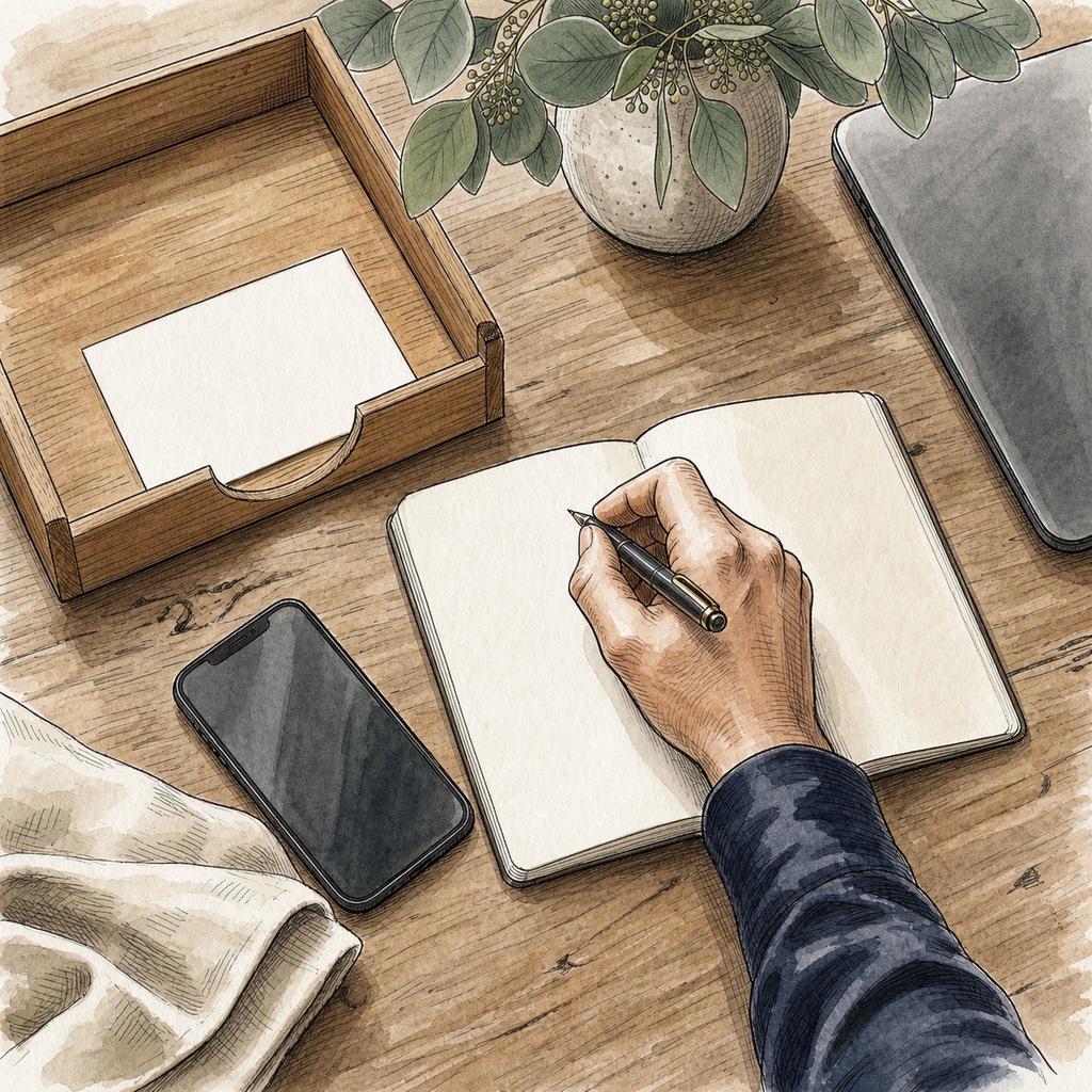 A hand preparing notes for a practical workflow audit enquiry