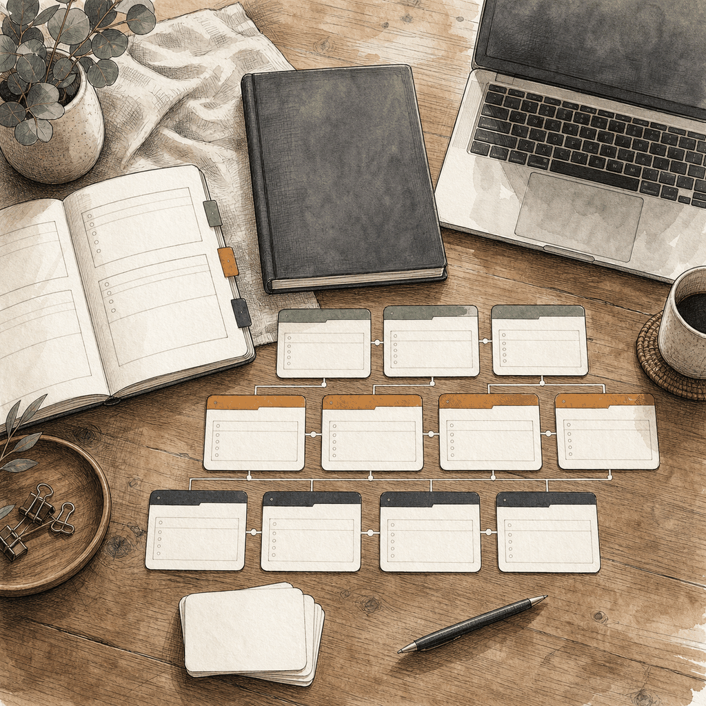Modular prompt cards arranged beside a guidebook, workbook, and laptop