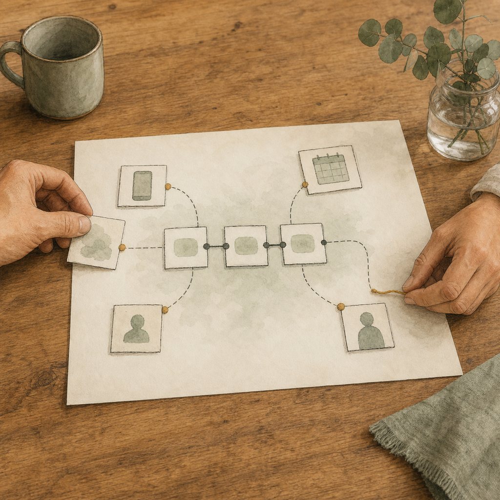 Hands inspecting a paper workflow map where system connections lead to an incomplete human handover