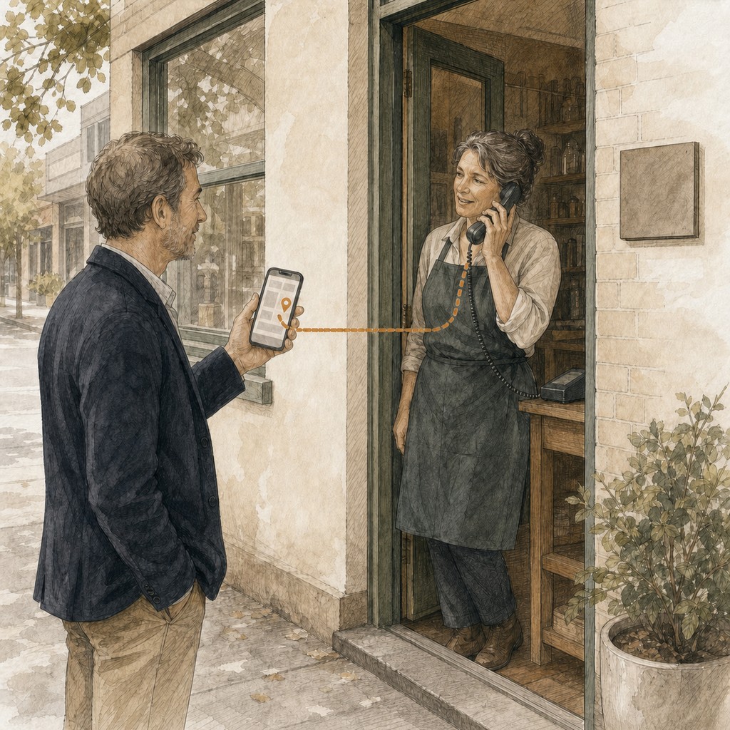 A shop owner answers the phone in her doorway while a visitor outside holds a phone showing her map listing