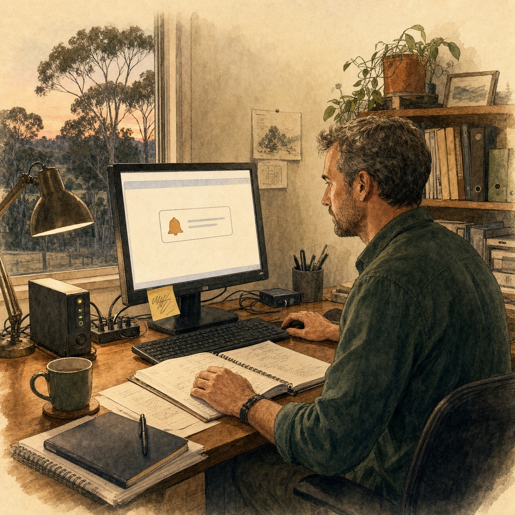 A small-business founder monitoring an operational alert on a modest office computer, with logs and backup equipment beside him