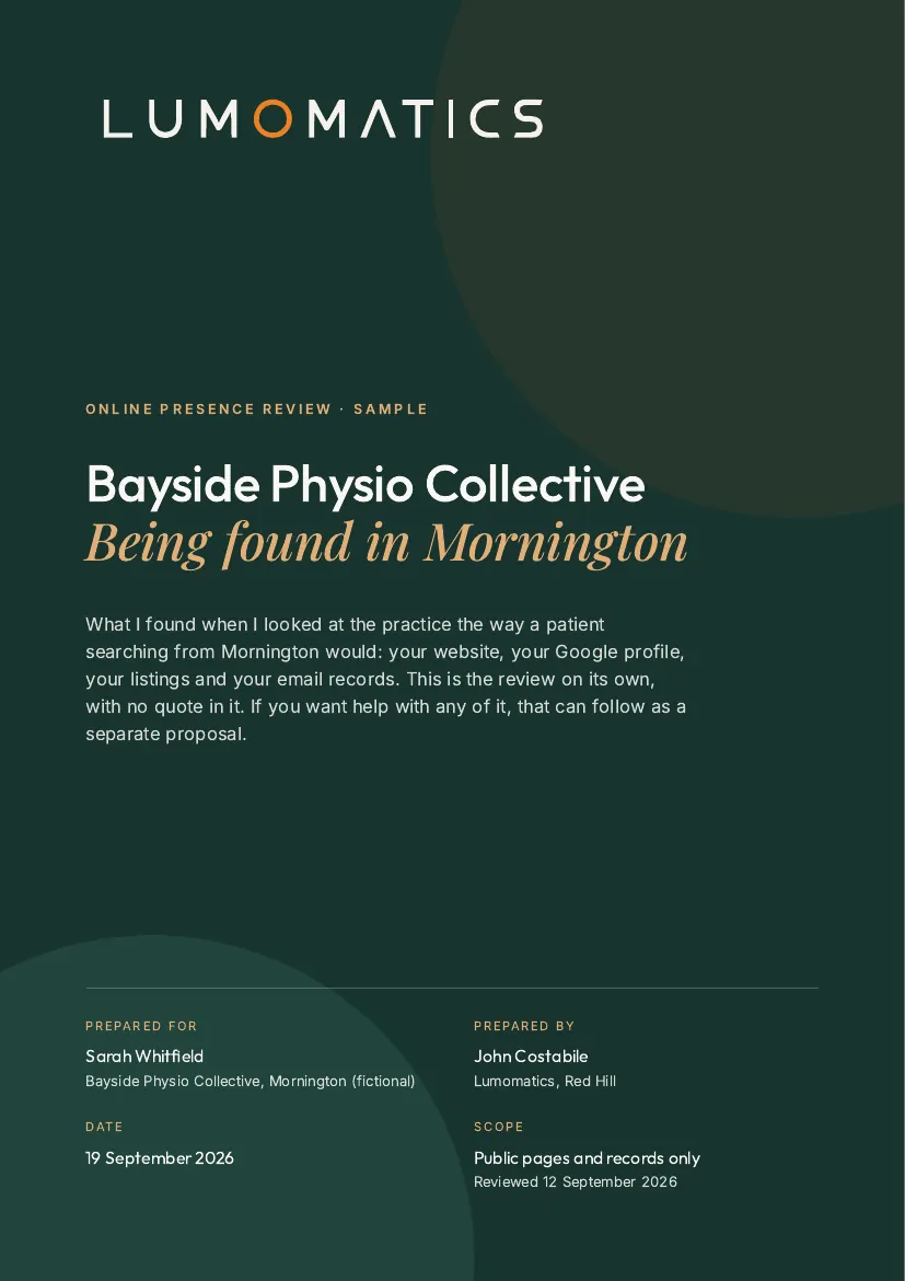 Cover of the sample online presence review for Bayside Physio Collective