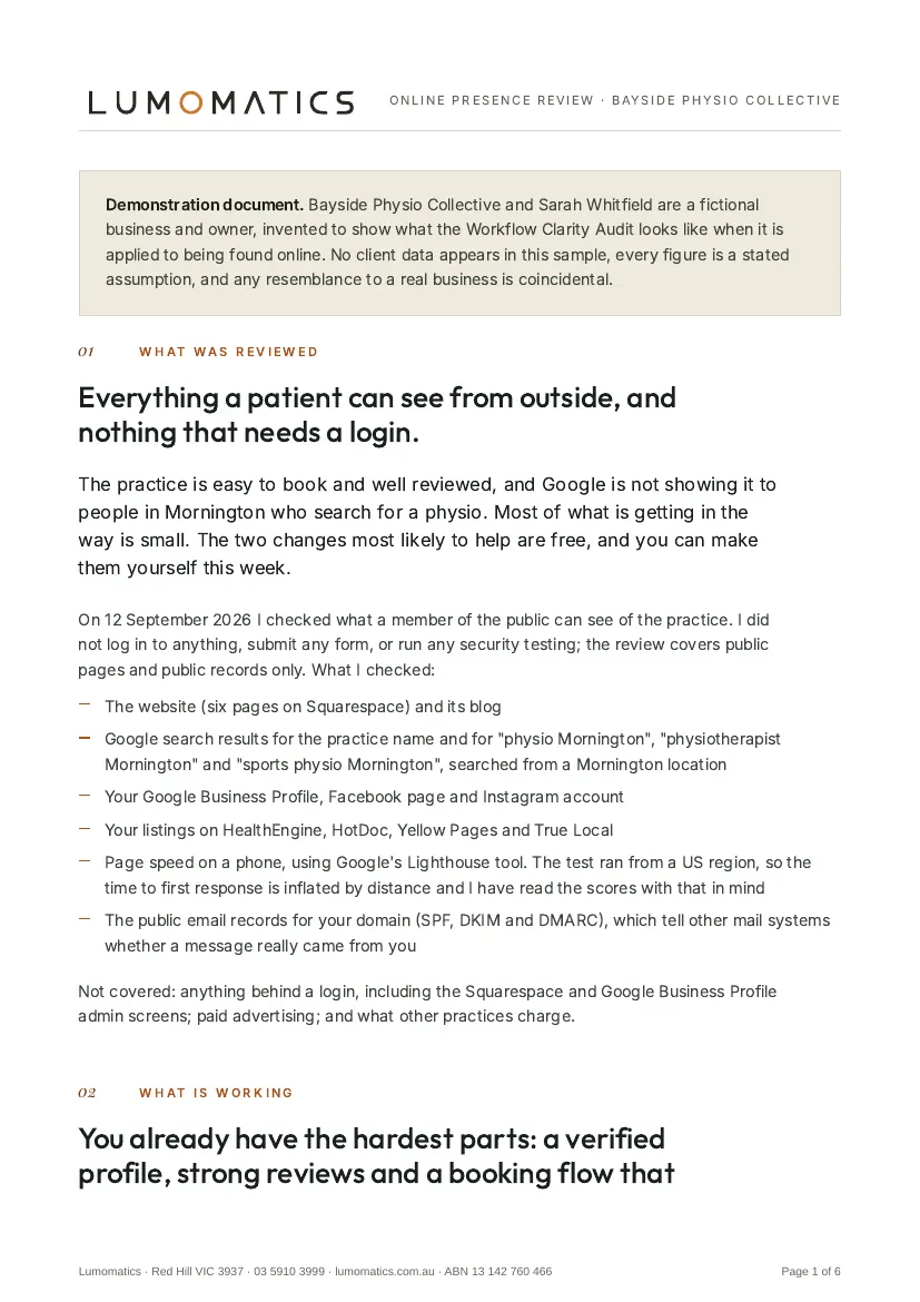 Page 1: what was reviewed, public pages and records only, and what is already working