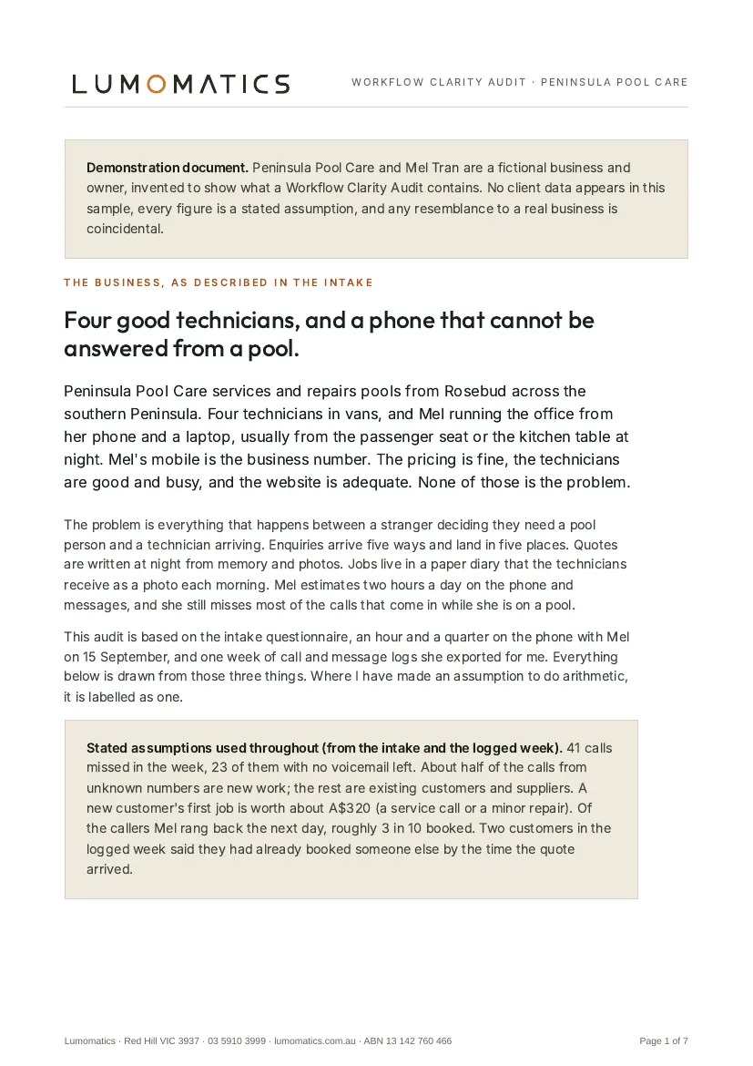 Page 1: the demonstration notice, the business as described in the intake, and the stated assumptions