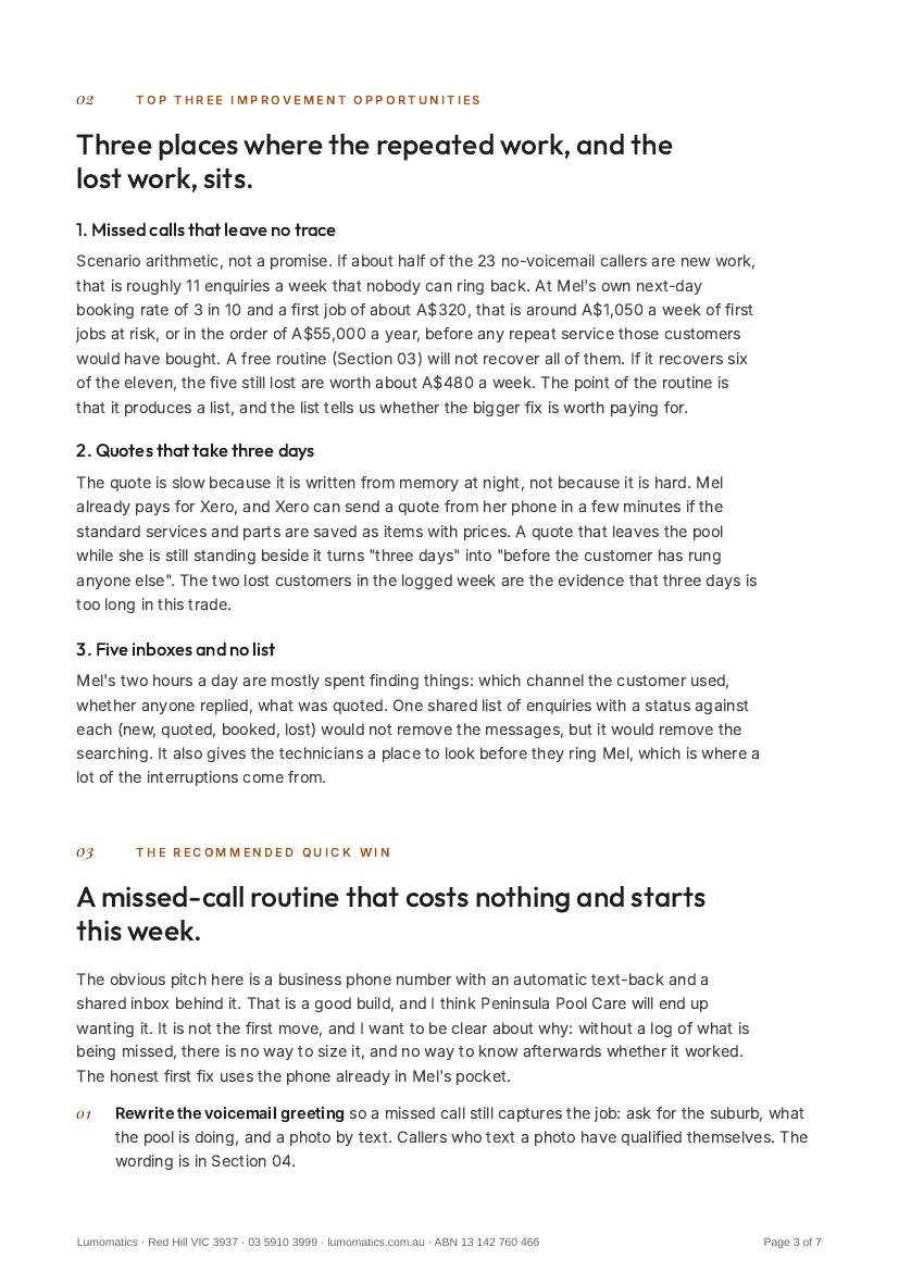 Page 3: the top three improvement opportunities and the start of the recommended quick win