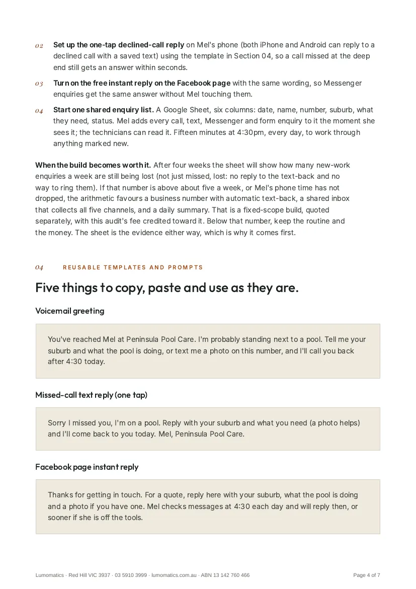 Page 4: the missed-call routine and the first of the reusable templates