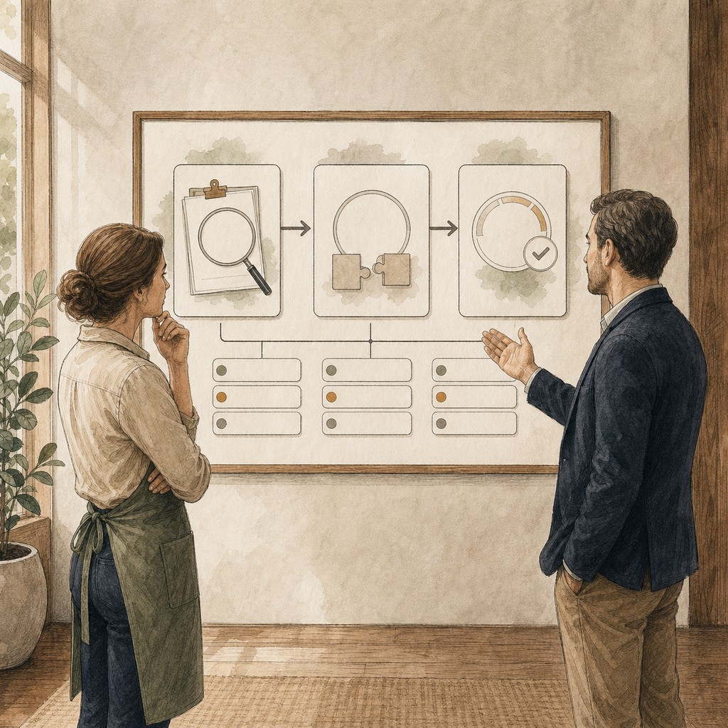Three clear service stages arranged from workflow audit through build and ongoing care