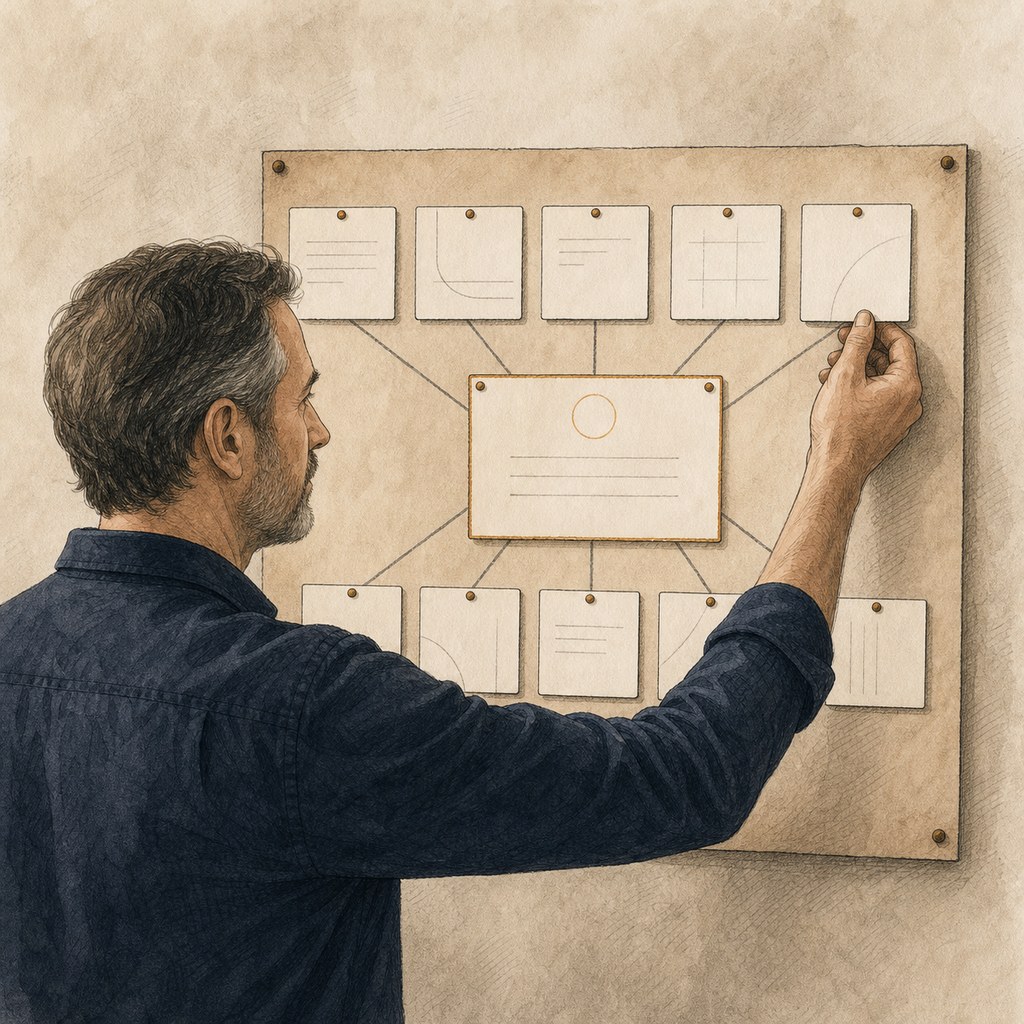 Small-business owner arranging ten prompt modules into one reusable operating brief