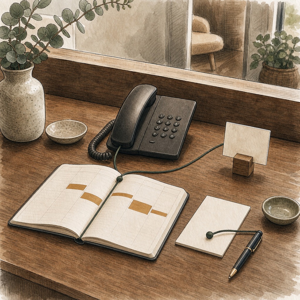 A reception desk phone and appointment diary, the two halves of the reception role