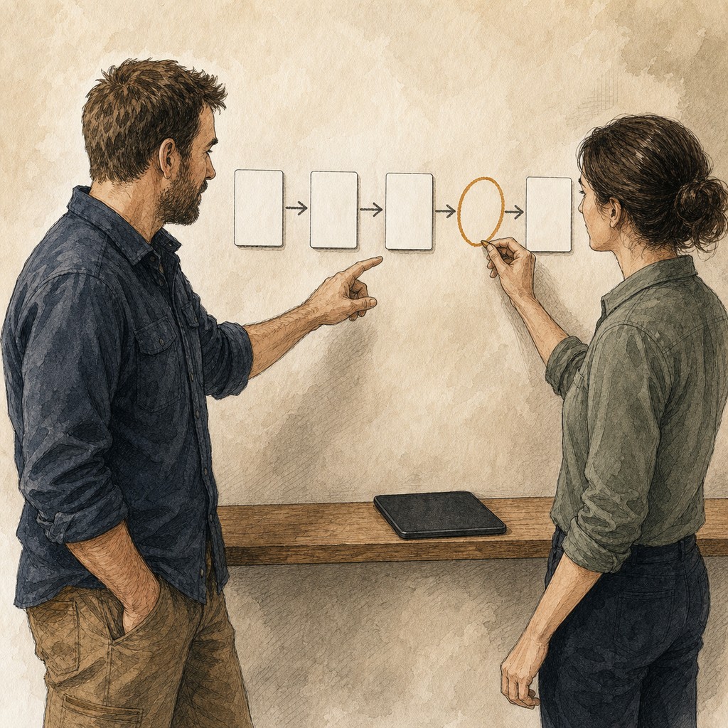 A small-business owner and consultant marking a broken handoff on a workflow board before choosing software